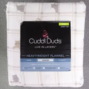 Cuddl Duds King Sheet Set Heavyweight Flannel Cat Plaid White Tan Grey 4pc New